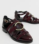 Asos Design Wide Fit Villa Premium Leather Flat Shoes In Burgundy - Red