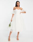 Lace & Beads Bridal Off Shoulder Midi Puff Dress In Ivory-white