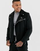 Asos Design Wool Mix Biker Jacket In Black - Black