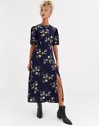 New Look Split Detail Puff Sleeve Dress In Navy Floral Print-blue