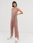 Asos Design Sleeveless Plisse Tie Front Jumpsuit - Pink