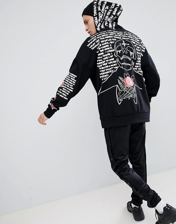 Sixth June Hoodie In Black With Back & Sleeve Print - Black