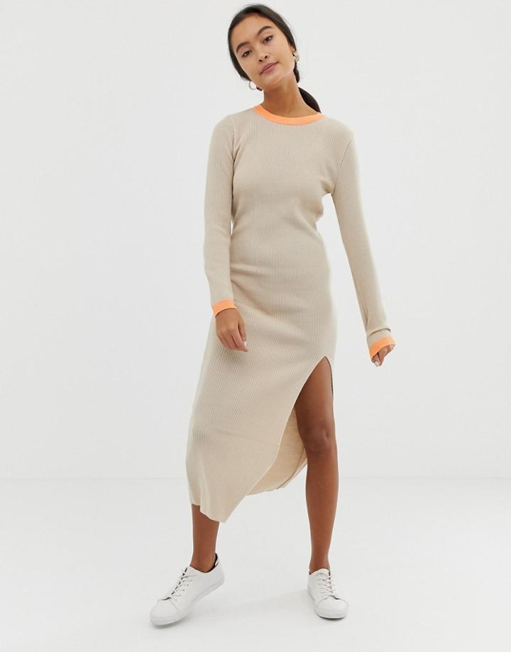 Asos Design Rib Knit Dress With Front Split - Stone