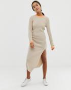 Asos Design Rib Knit Dress With Front Split - Stone