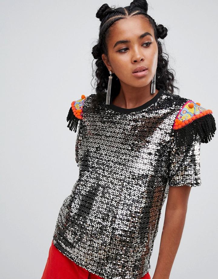 Ragyard T-shirt In Sequin With Beaded Patches - Silver