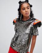 Ragyard T-shirt In Sequin With Beaded Patches - Silver