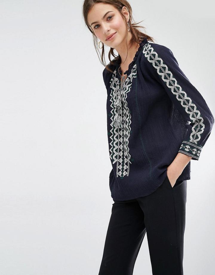 Ba & Sh Select Embroidered Peasant Blouse - Navy