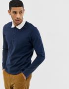 Jack & Jones Premium Long Sleeve Rugby Shirt In Navy With Contrast Collar - Navy