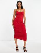 Asos Design Cami Strappy Midi Dress With Ruched Detail In Bright Red