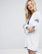 Honey Punch Smock Dress With Tassel Tie Neck And Embroidery - White