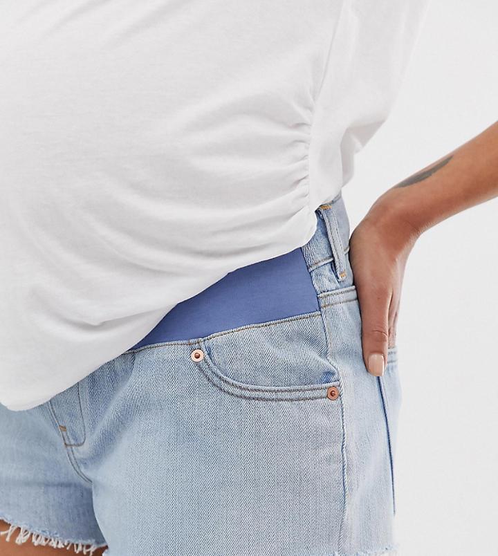 Asos Design Maternity Recycled Denim Alvey Midrise Short With Raw Hem In Lightwash Blue