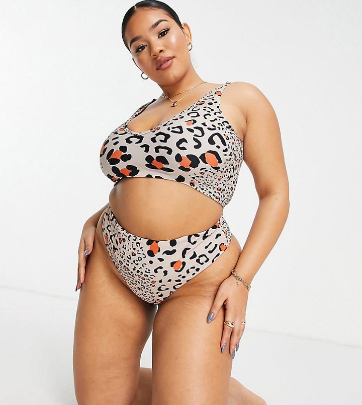 We Are We Wear Plus Mix And Match Eco Toni High Leg High Waist Tong Bikini Bottom In Animal Print-multi