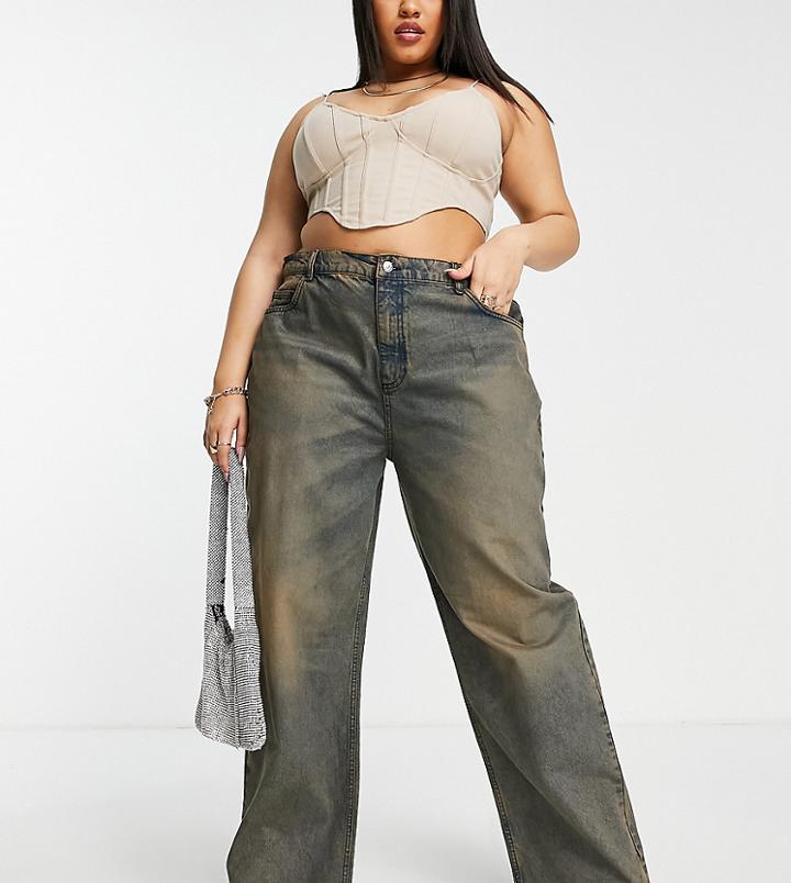 Asyou Plus Baggy Dad Jeans In Dirty Green-cast Wash-blues
