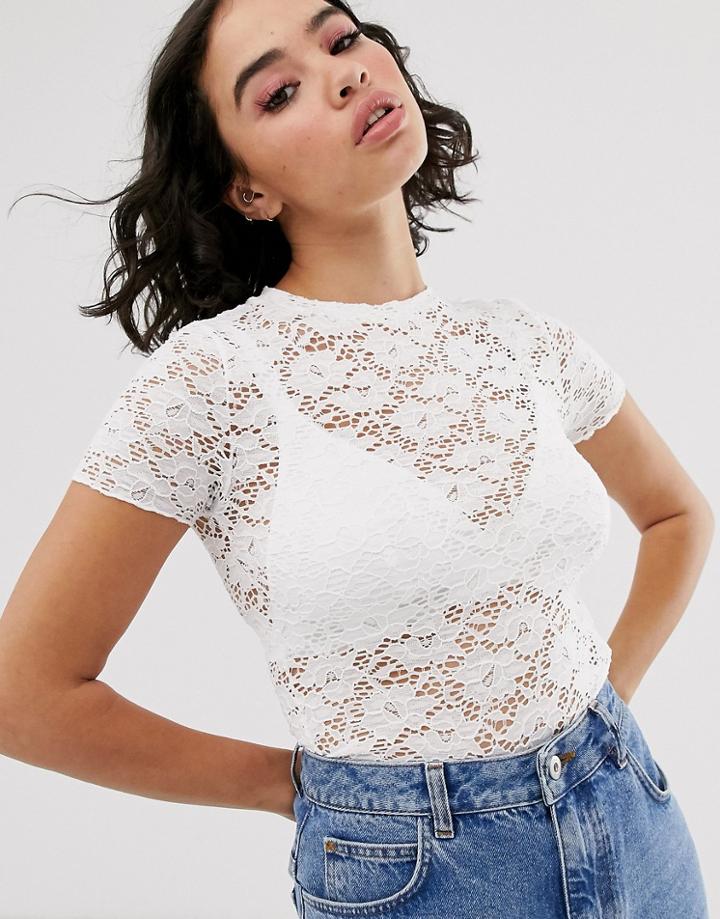 Bershka Lace T-shirt In White - White
