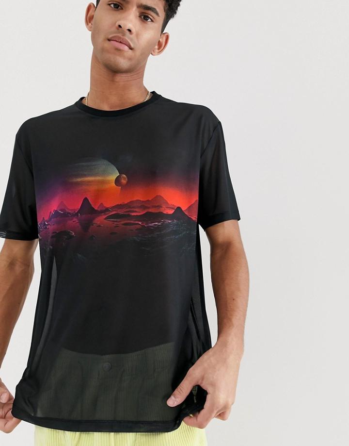Asos Design Relaxed Mesh T-shirt With Mars Scene - Black