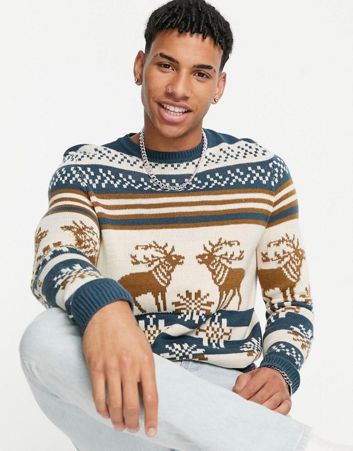 Asos Design Knitted Christmas Sweater With Stag Design In Blue-navy