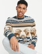 Asos Design Knitted Christmas Sweater With Stag Design In Blue-navy