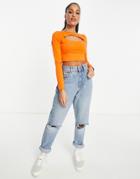 Asos Design Long Sleeve Crop Top With Front Cut-out In Orange