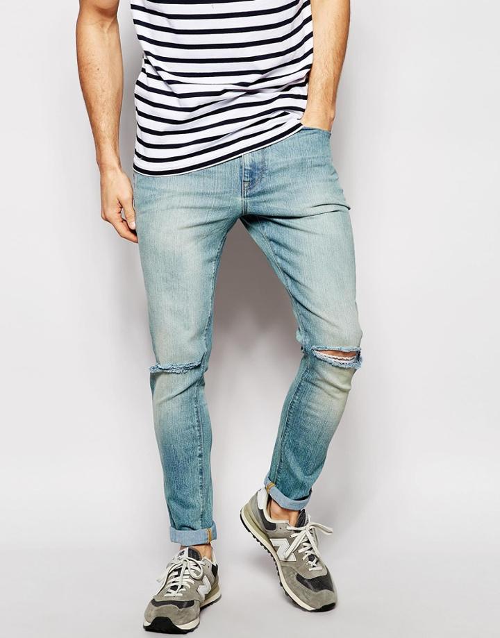 Asos Super Skinny Jeans With Knee Rips - Blue