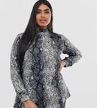 Verona Curve High Neck Long Sleeved Two-piece Top In Python Print - Gray