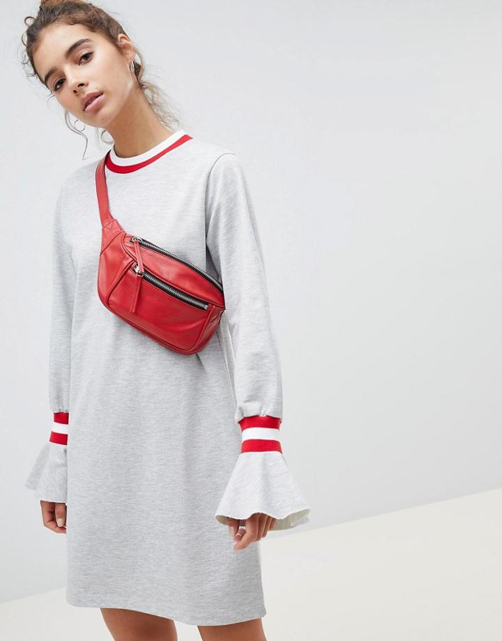 Asos Design Sweat Dress With Sports Tipping And Frill Cuffs - Gray