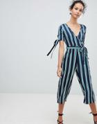 Qed London Wrap Front Tie Sleeve Jumpsuit In Stripe Print - Navy