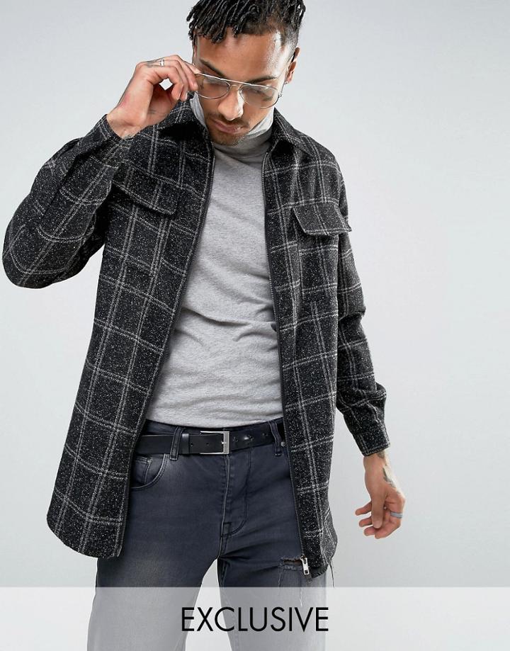 Mennace Textured Check Shirt With Zip Through Detail In Black - Black