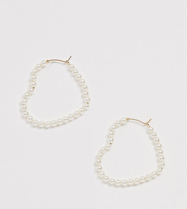 Monki Faux Pearl Heart Shape Hoops In White - White