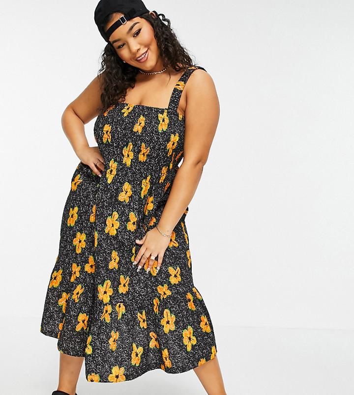 Collusion Plus Exclusive Print Seersucker Midi Sundress In Scratch Floral Print-black