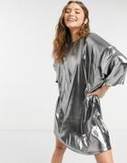 Asos Design Oversized T-shirt Dress In Silver Metallic