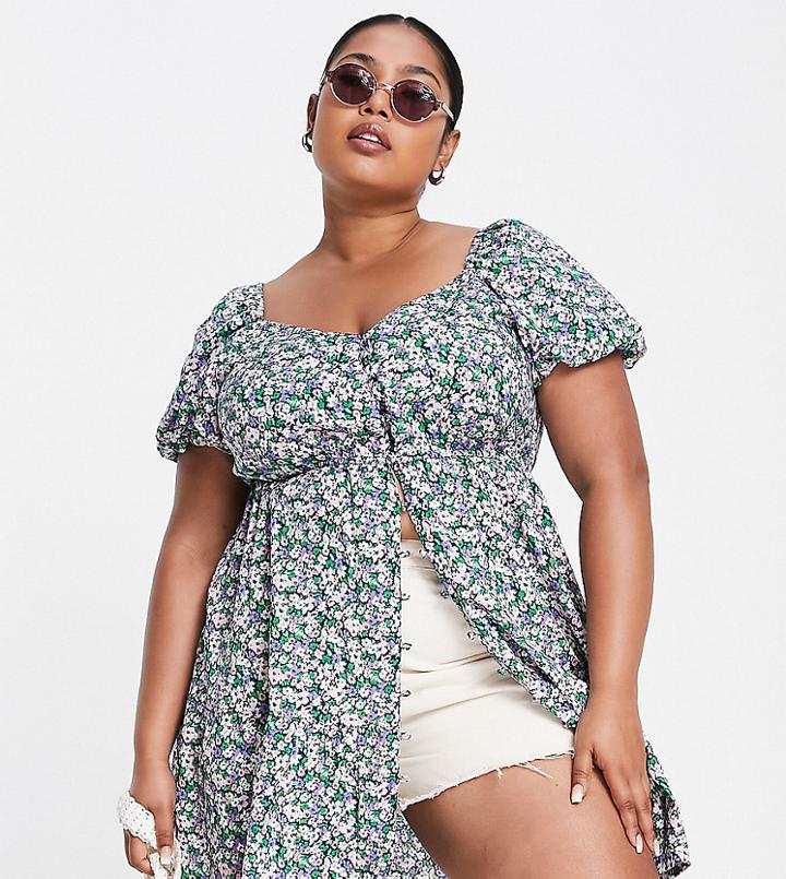 Yours Puff Sleeve Button Through Blouse In Blue Floral-pink