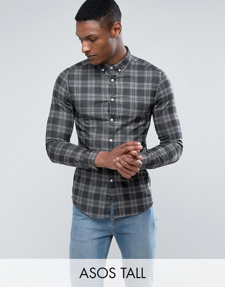 Asos Tall Skinny Check Shirt In Black - Black