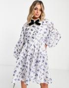 Sister Jane Oversized Jaquard Smock Dress In Blue Floral-white