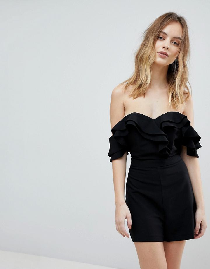 Lipsy Bardot Ruffle Romper - Black