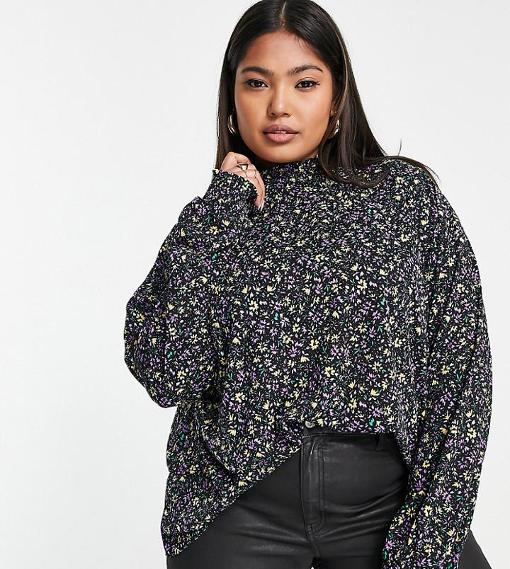 Only Plus Carpelly Long Sleeve High Neck Blouse In Aop Black Floral-multi
