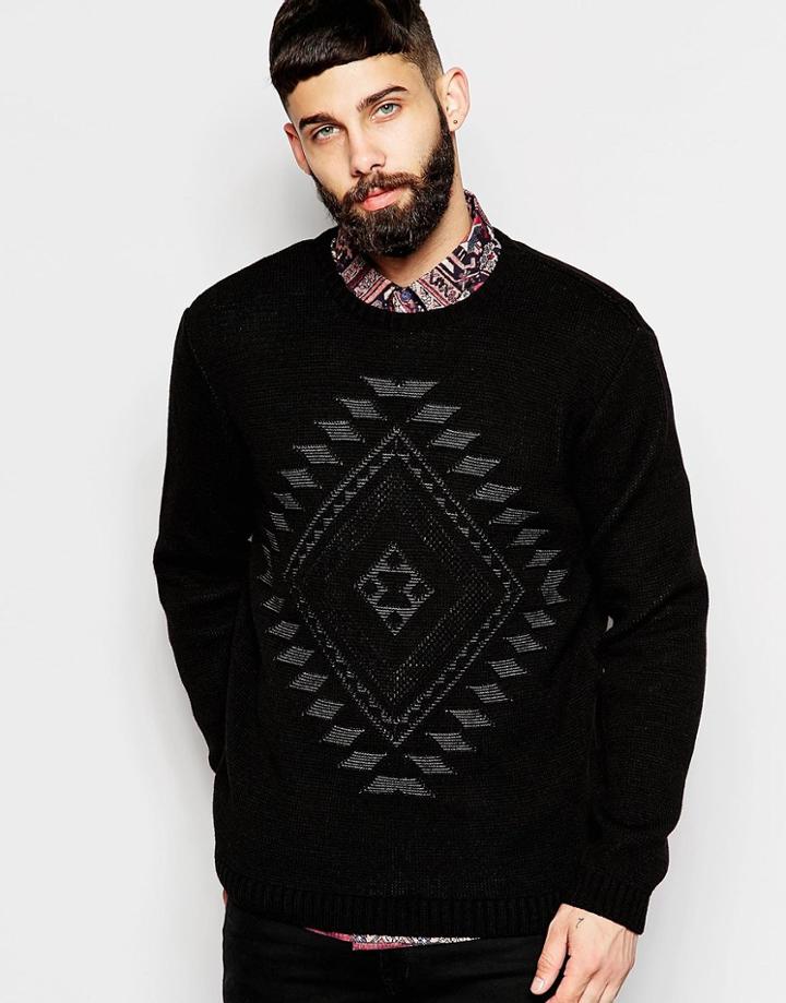 Asos Crew Neck Sweater With Geo-tribal Design - Black