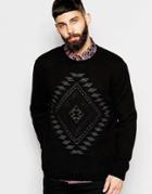 Asos Crew Neck Sweater With Geo-tribal Design - Black
