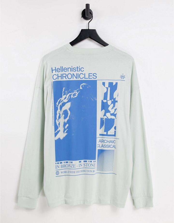 Asos Design Oversized Long Sleeve T-shirt In Off White With Statue Back Print In Blue-blues