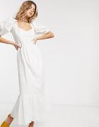 Asos Design Eyelet Tiered Maxi Dress With Puff Sleeves And Open Back In White