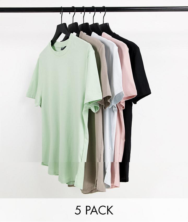 Asos Design 5-pack Organic Longline T-shirts With Side Slits-multi