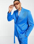Asos Design Belted Suit Jacket In Electric Blue Plisse