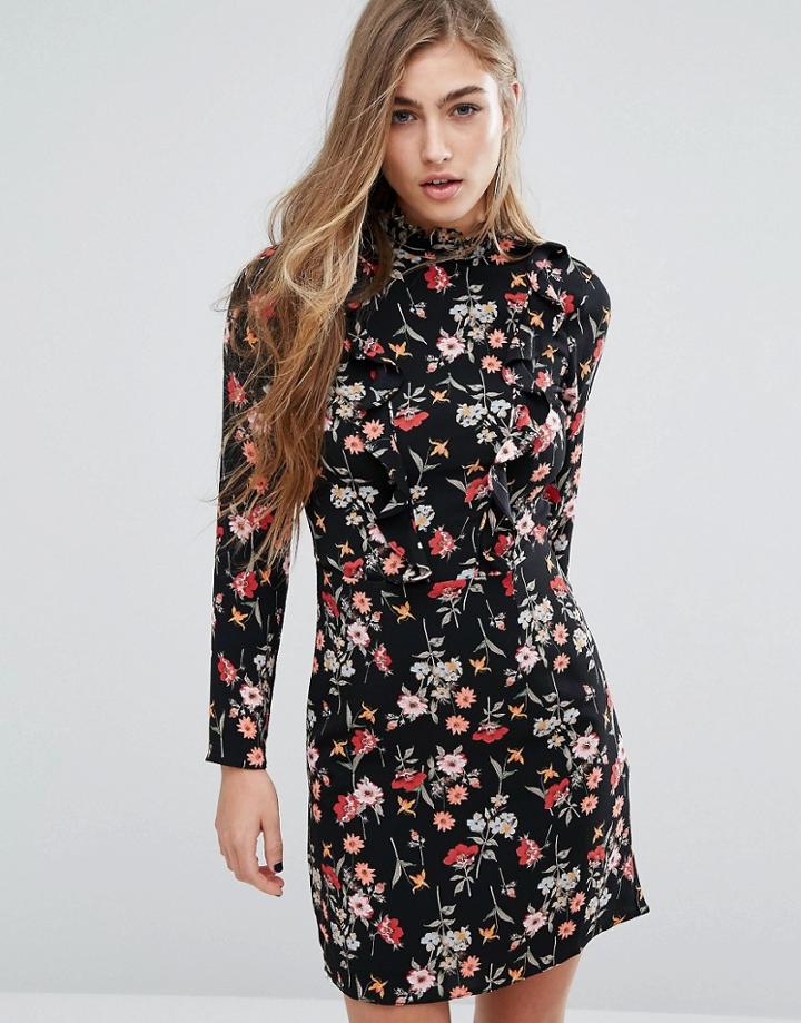 Miss Selfridge High Neck Ruffle Detail Mini Dress - Multi