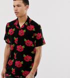 Brave Soul Tall Roses Shirt With Revere Collar - Black