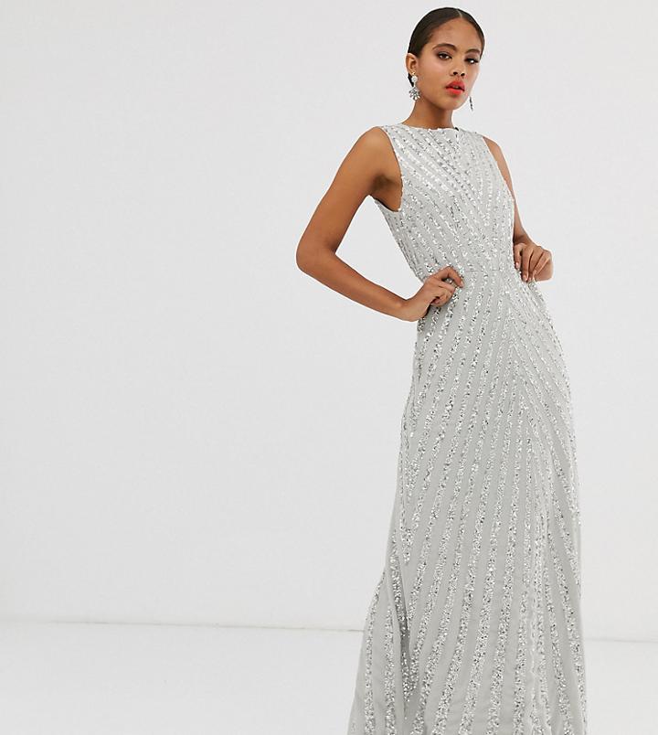 Maya Tall Allover Stripe Embellished Trophy Maxi Dress In Silver-grey