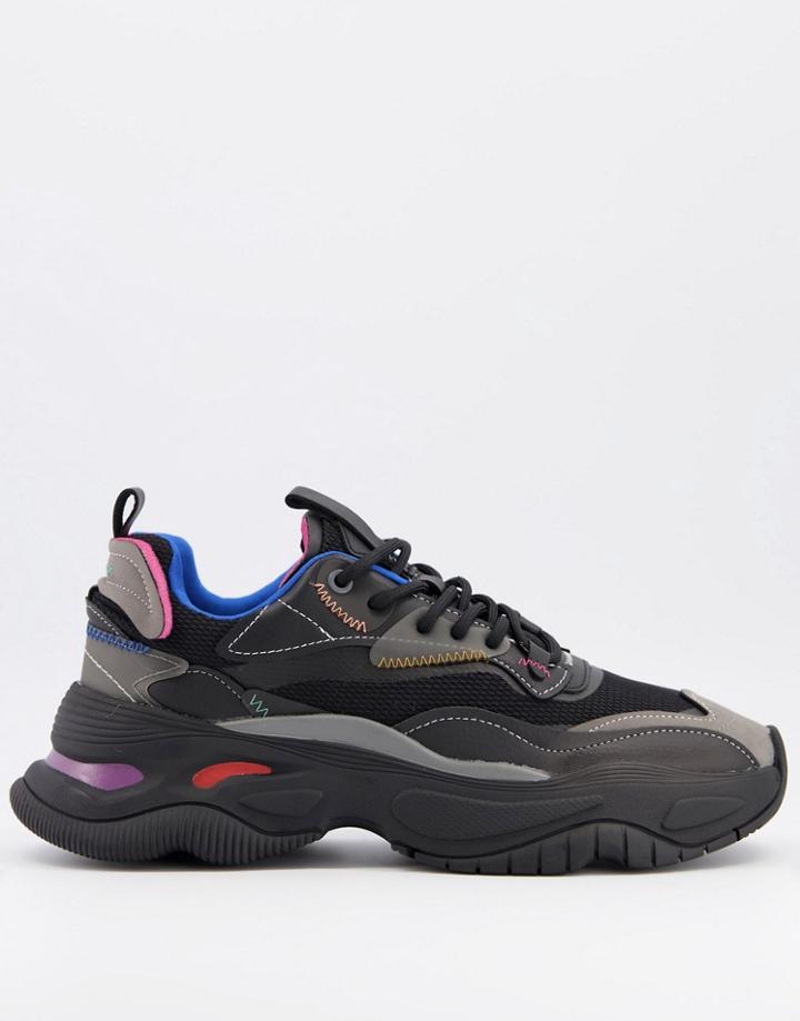 Bershka Chunky Sole Sneakers In Black With Multi-color Detail