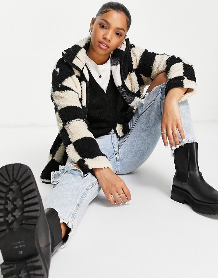 Monki Recycled Polyester Zip Front Checkerboard Fleece In Black And White-multi