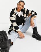Monki Recycled Polyester Zip Front Checkerboard Fleece In Black And White-multi