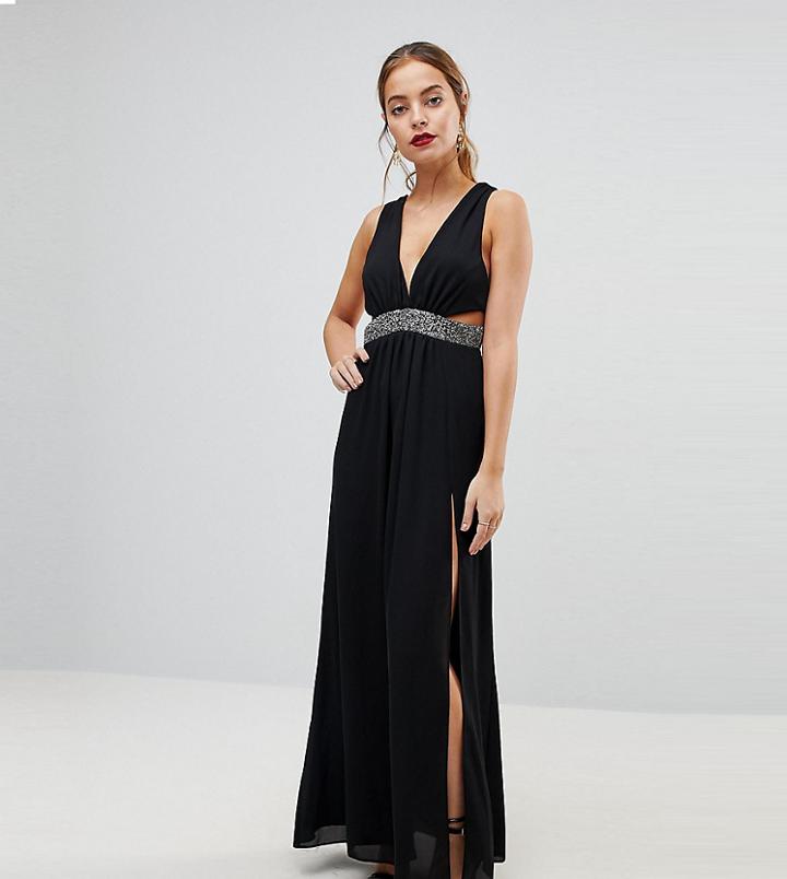 Asos Petite Embellished Waist Strap Back Maxi Dress-black