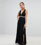 Asos Petite Embellished Waist Strap Back Maxi Dress-black