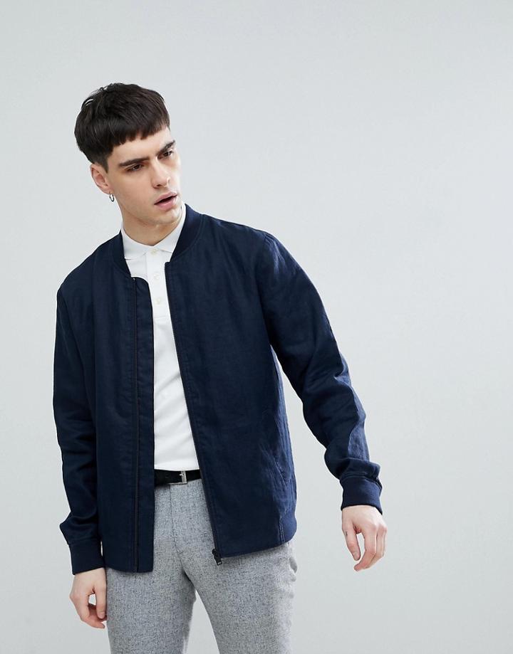 Selected Homme Linen Bomber Jacket - Navy